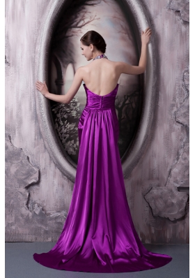 Purple Halter Brush Train Beading Appliques Prom Dress