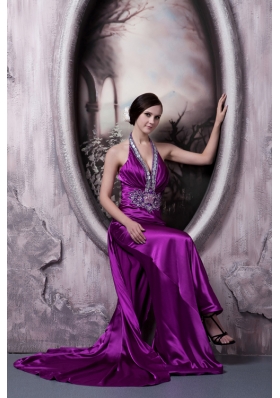 Purple Halter Brush Train Beading Appliques Prom Dress