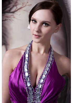 Purple Halter Brush Train Beading Appliques Prom Dress