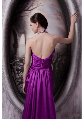 Purple Halter Brush Train Beading Appliques Prom Dress