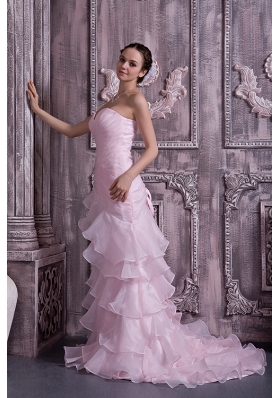 Baby Pink Layered Prom Dress Brush Train Ruched