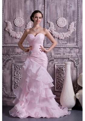 Baby Pink Layered Prom Dress Brush Train Ruched