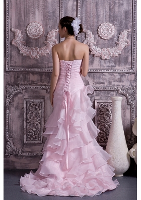 Baby Pink Layered Prom Dress Brush Train Ruched