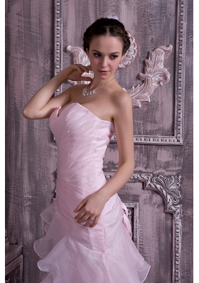 Baby Pink Layered Prom Dress Brush Train Ruched