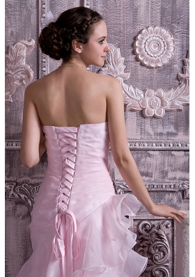 Baby Pink Layered Prom Dress Brush Train Ruched