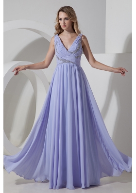 Lilac Empire V-neck Floor-length Chiffon Prom Dress