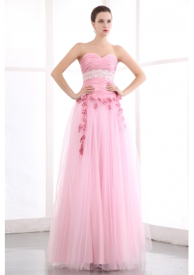 Handmade Flowers Pink Tulle Appliques Prom Dress