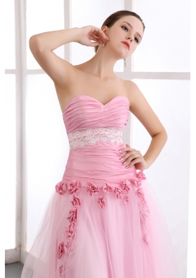 Handmade Flowers Pink Tulle Appliques Prom Dress