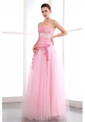 Handmade Flowers Pink Tulle Appliques Prom Dress