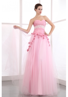 Handmade Flowers Pink Tulle Appliques Prom Dress