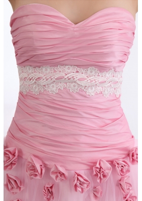 Handmade Flowers Pink Tulle Appliques Prom Dress