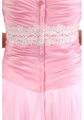 Handmade Flowers Pink Tulle Appliques Prom Dress