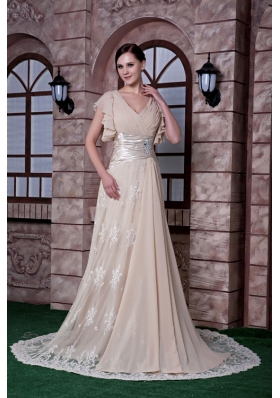 Champagne Short Sleeves Lace Sweep Train Prom Dress