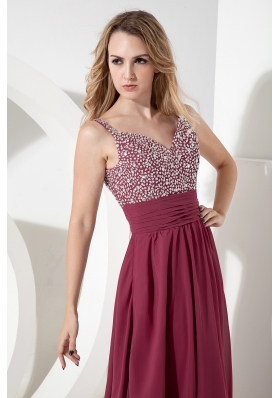 Spaghetti Straps Ankle-length Burgundy Sequined Prom Dress