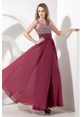 Spaghetti Straps Ankle-length Burgundy Sequined Prom Dress