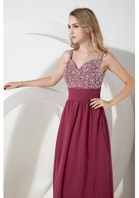 Spaghetti Straps Ankle-length Burgundy Sequined Prom Dress