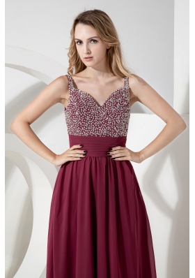 Spaghetti Straps Ankle-length Burgundy Sequined Prom Dress