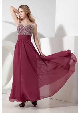 Spaghetti Straps Ankle-length Burgundy Sequined Prom Dress