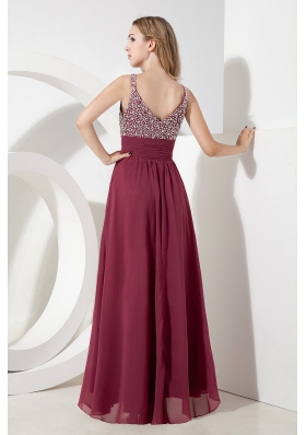 Spaghetti Straps Ankle-length Burgundy Sequined Prom Dress