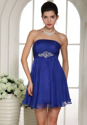 Blue Strapless Empire Beading Prom Dress Mini-length