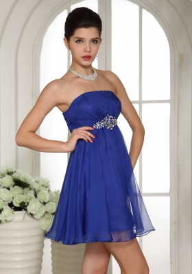 Blue Strapless Empire Beading Prom Dress Mini-length