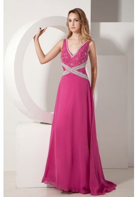 Cross Straps Fuchsia V-neck Prom dress Chiffon Appliques