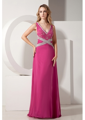 Cross Straps Fuchsia V-neck Prom dress Chiffon Appliques