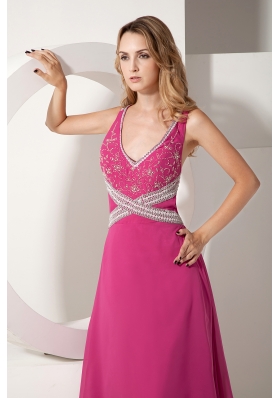 Cross Straps Fuchsia V-neck Prom dress Chiffon Appliques