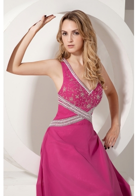 Cross Straps Fuchsia V-neck Prom dress Chiffon Appliques