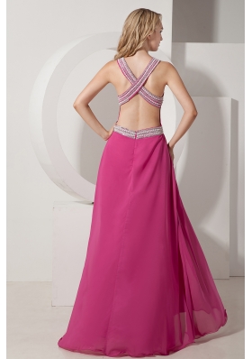 Cross Straps Fuchsia V-neck Prom dress Chiffon Appliques