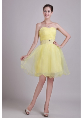 Yellow Short Organza Beading Ruched Prom Cocktail Dress