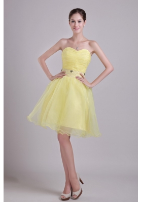 Yellow Short Organza Beading Ruched Prom Cocktail Dress