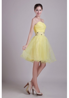 Yellow Short Organza Beading Ruched Prom Cocktail Dress