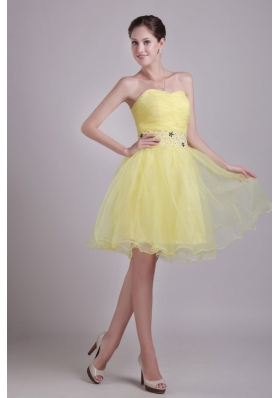 Yellow Short Organza Beading Ruched Prom Cocktail Dress