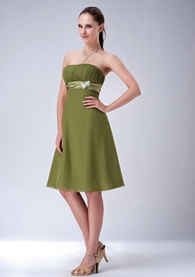 Olive Green Strapless Bridesmaid Dress Chiffon Knee-length