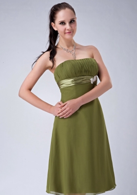 Olive Green Strapless Bridesmaid Dress Chiffon Knee-length