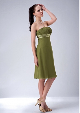 Olive Green Strapless Bridesmaid Dress Chiffon Knee-length