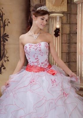 White Strapless Ruffles Organza Embroidery Quinceanera Dress