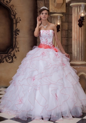 White Strapless Ruffles Organza Embroidery Quinceanera Dress