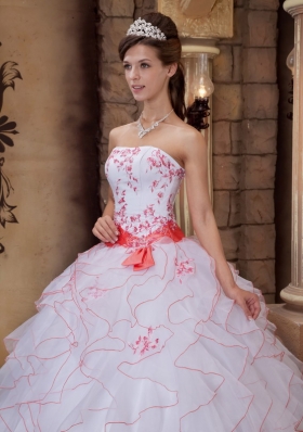 White Strapless Ruffles Organza Embroidery Quinceanera Dress