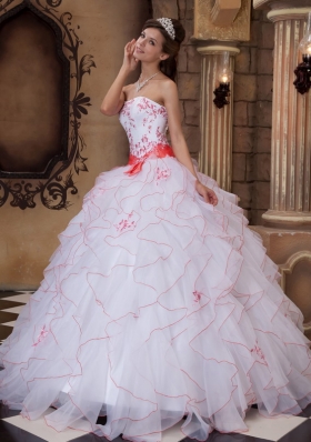 White Strapless Ruffles Organza Embroidery Quinceanera Dress