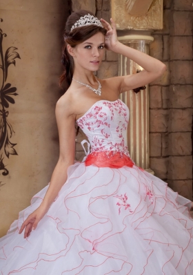 White Strapless Ruffles Organza Embroidery Quinceanera Dress