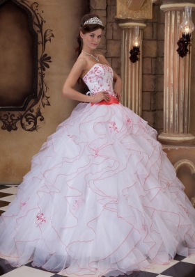 White Strapless Ruffles Organza Embroidery Quinceanera Dress