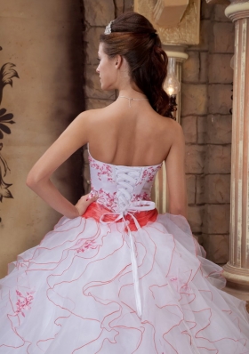 White Strapless Ruffles Organza Embroidery Quinceanera Dress