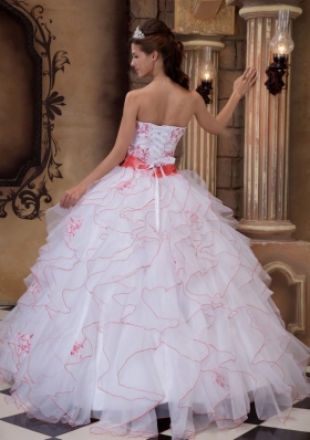 White Strapless Ruffles Organza Embroidery Quinceanera Dress