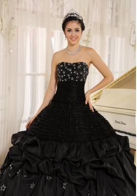 Black Appliques Taffeta Strapless Quinceanera Dress Ruched