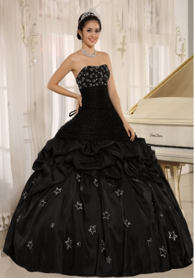 Black Appliques Taffeta Strapless Quinceanera Dress Ruched