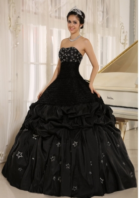 Black Appliques Taffeta Strapless Quinceanera Dress Ruched