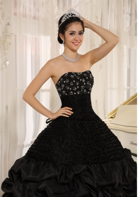 Black Appliques Taffeta Strapless Quinceanera Dress Ruched