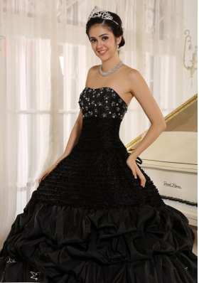 Black Appliques Taffeta Strapless Quinceanera Dress Ruched